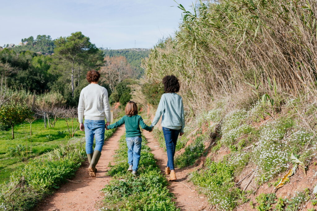 Happy family walking in the countryside, holding hands